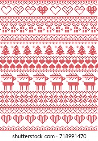 Scandinavian, Nordic style winter stitching Christmas pattern including snowflakes, hearts, Christmas present, snow, star, Christmas tree, reindeer and decorative ornaments in red, white.