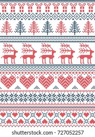 Scandinavian, Nordic style winter stitching Christmas pattern including snowflakes, hearts, Christmas present, snow, star, Christmas tree, reindeer and decorative ornaments in red, white. blue