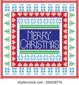 Scandinavian Nordic winter stitch, knitting  Merry Christmas pattern in  square, tile  shape including snowflakes, trees,  hearts, stars and   decorative elements 