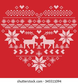 Scandinavian Nordic winter stitch, knitting  christmas pattern in  in heart shape shape including snowflakes, xmas trees,reindeer, snow, stars, decorative elements on red background 
