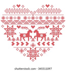 Scandinavian Nordic winter stitch, knitting christmas  pattern in  in heart shape shape including snowflakes, christmas trees,reindeer, snow, stars, decorative elements on  white background 
