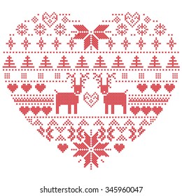 Scandinavian Nordic winter stitch, knitting  christmas pattern in  in heart shape shape including snowflakes, xmas trees,reindeer, snow, stars, decorative elements, ornaments  on white background 
