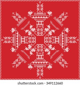 Scandinavian Nordic winter stitch, knitting  christmas pattern in  in  snowflake shape , with cross stitch frame including , snow, stars, decorative elements in white on red background

