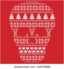 Scandinavian Nordic winter stitching  knitting  christmas pattern in  in sugar skull  including snowflakes, hearts xmas trees christmas presents, snow, stars, decorative ornaments on  red background
