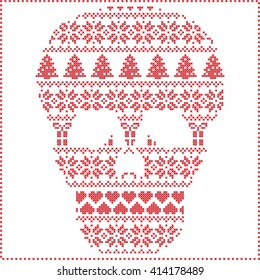 Scandinavian Nordic winter stitching  knitting  christmas pattern in  in sugar skull  shape including snowflakes, hearts xmas trees christmas presents, snow, stars, decorative ornaments on  white 
