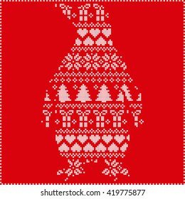 Scandinavian Nordic winter stitching  knitting  christmas pattern with penguin shape including snowflakes, hearts, trees christmas presents, snow, stars, decorative ornaments on red background
