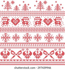 Scandinavian nordic xmas pattern with reindeer,rabbits, xmas trees, angels, bow, heart, in cross stitch
