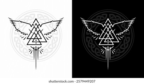 Scandinavian Norse symbol of Vikings and Odin Valknut stylized as a raven with wings, Celtic ornament line, tattoo. White ornament on a black background. Symbol, suitable for prints, t-shirts