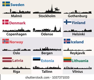 Scandinavian and North Europe countries vector cities skylines silhouettes