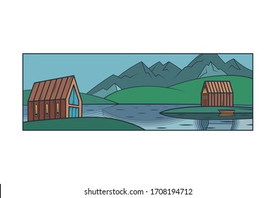 Scandinavian northern mountain landscape. Modern country house. Island house, lake.Flat minimal linework hand drawing icon illustration . Pastel color vertical logo.