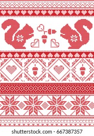 Scandinavian and Norwegian Christmas culture inspired festive winter pattern in cross stitch with squirrel, acorn, love heart , snowflake, square tiles  ornaments in red and white
