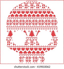 Scandinavian Norwegian style  winter stitching  knitting  christmas pattern in  in sugar skull  shape including snowflakes, hearts xmas trees christmas presents, snow, stars, decorative ornaments 