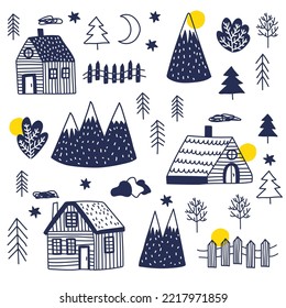 Scandinavian norwegian village landscape houses trees   mountains icons vector set