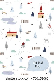 Scandinavian  notebook cover. Winter texture. Simple flat fox, house, church, skier, lake and landscape elements. Map illustration. Template for card, invitation, scrapbook