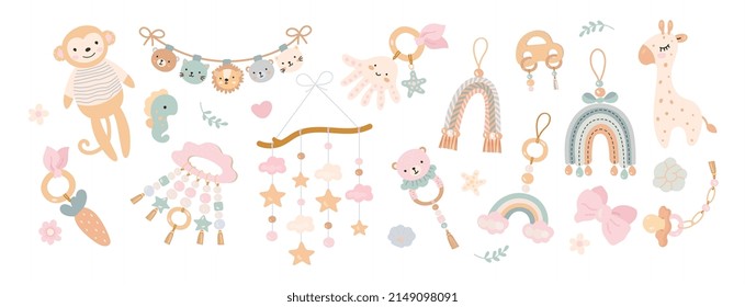 Scandinavian nursery boho style elements. Baby toys, rainbow, giraffe and monkey. Doodle decorative flat contemporary nowaday vector design