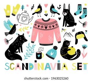 Scandinavian object set. Cartoon cute animals and birds, decorative stickers with forest characters, flowers and branches, vector illustration of cute poster with hand drawn element