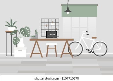 Scandinavian office interior. Desk, chair, plants, bike. No people template. Flat editable vector illustration, clip art 