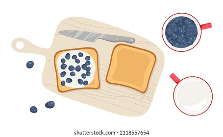 Scandinavian open toast with yogurt and blueberries. Healthy berry sandwich on cutting board. Top view Ingredients for cooking toast Vector illustration. Sweet toast recipe for Healthy breakfast.