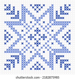 Scandinavian ornament, blue snowflake, cross stitch needlework