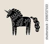 Scandinavian ornamental ethnic linocut style style unicorn folk art. Modern boho tribal fairytale and patterned woodland horse illustration. Inspired by northern mythology folklore drawing. Doodle