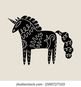 Scandinavian ornamental ethnic linocut style style unicorn folk art. Modern boho tribal fairytale and patterned woodland horse illustration. Inspired by northern mythology folklore drawing. Doodle