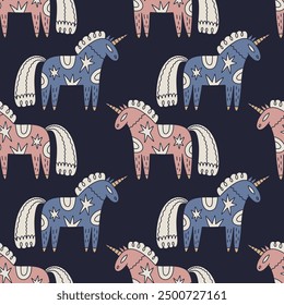 Scandinavian ornamental ethnic style unicorn folk art seamless pattern. Modern boho tribal fairytale and patterned woodland horse illustration. Inspired by northern mythology folklore drawing. Doodle