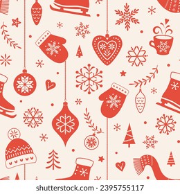 Scandinavian ornaments snowflakes and accessories seamless pattern. Christmas winter red and white background. Vector illustration.