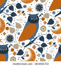 Scandinavian owl bird animal seamless vector pattern. Ornate detailed cartoon ethnic illustration on a white background. Nursery art. Woodland decorative textile design. Nordic wallpaper.