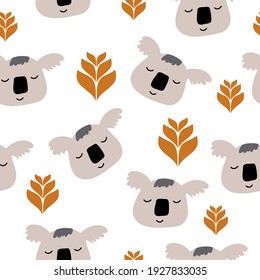 Scandinavian Panda Seamless Pattern Background, Happy cute panda and tropical leaves, Cartoon Panda Bears Vector illustration for kids white background.
