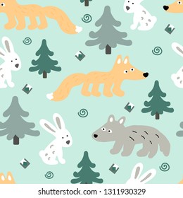 Scandinavian pattern with Christmas trees, hares, wolves and foxes on a light background. For Christmas holiday, new Year, textiles, Wallpaper, fabric, background, wrapping paper.