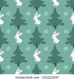 Scandinavian pattern with Christmas trees and hares on a light background. For baby linen, textiles, Wallpaper, fabric, background, wrapping paper, New year holiday.