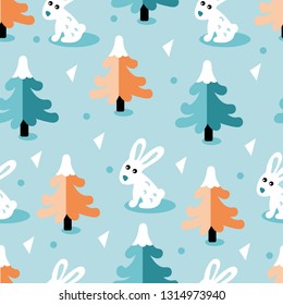 Scandinavian pattern with Christmas trees in snow caps and hares on a blue background. Pattern for textile, fabric, Wallpaper, wrapping paper, New year holiday, Christmas, background.