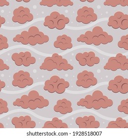 Patrón escandinavo con nubes y copos de nieve. Nubes marrones en el cielo gris. Ideal para envolturas de regalo, tela, textiles, tarjetas. 