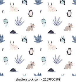 Scandinavian pattern with cute animals. Endless background, texture with repeating nordic print for childish textile, wrapping, wallpaper. Kids colored flat vector illustration with Scandi characters