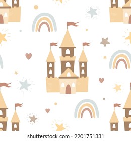 Scandinavian  pattern with cute rainbows and castles. Cartoon nursery fairy print, pastel palette Vector illustration