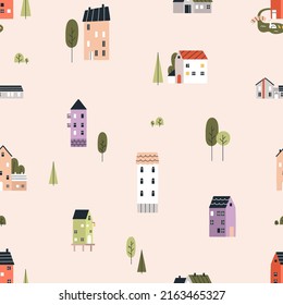 Scandinavian pattern with cute sweet houses. Repeating print with cozy homes in Scandi style. Seamless background with old nordic town. Endless texture for wallpaper. Colored flat vector illustration