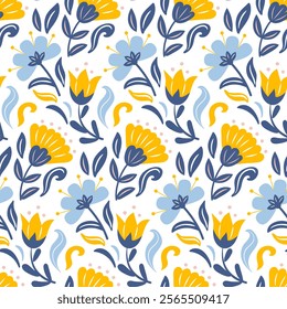 Scandinavian pattern featuring vibrant flowers in a Slavic style. The design showcases intricate floral motifs, blending traditional elements with a modern aesthetic, ideal for textiles or wallpapers.