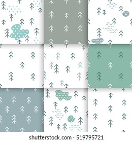 Scandinavian pattern with fir trees. Seamless winter patterns, hand drawn in black ink. Perfect for gift wrapping or printing on fabric. Seamless minimal christmas pattern.Christmas pattern decoration