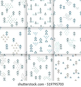 Scandinavian pattern with fir trees and triangles. Seamless winter patterns, hand drawn in black ink. Perfect for gift wrapping or printing on fabric. Christmas pattern for festive decoration