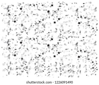 Scandinavian pattern with flying black, gray stars. Original confetti stars background. Silver confetti of flying stars, magic geometric sparkles stardust vector background on white. New Year deign