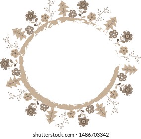Scandinavian pattern frame. Drawn by hand in coffee colors. Frame of flowers and trees in the shape of a circle. Option for the design of cards and books