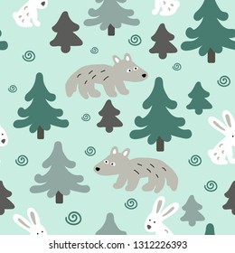 Scandinavian pattern with green Christmas trees, white hares and gray wolves on a light background. For baby linen, textiles, Wallpaper, fabric, background, wrapping paper, New year holiday.