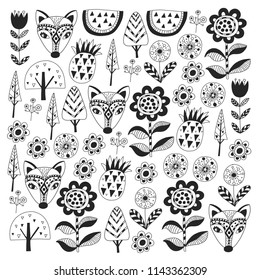 Scandinavian pattern for kindergarten, nursery, children room. Ornament, animals, watermelon.