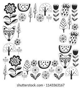 Scandinavian pattern for kindergarten, nursery, children room. Ornament, animals, watermelon.
