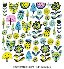 Scandinavian pattern for kindergarten, nursery, children room. Ornament, animals, watermelon.