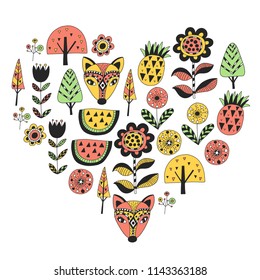 Scandinavian pattern for kindergarten, nursery, children room. Ornament, animals, watermelon.