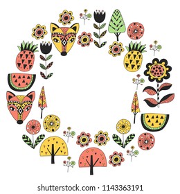 Scandinavian pattern for kindergarten, nursery, children room. Ornament, animals, watermelon.