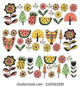 Scandinavian pattern for kindergarten, nursery, children room. Ornament, animals, watermelon.