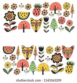 Scandinavian pattern for kindergarten, nursery, children room. Ornament, animals, watermelon.