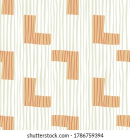 Patrón escandinavo con esquinas anaranjadas de línea roja. Fondo blanco con líneas de lila. Ilustración vectorial. Texturas coloreadas abstractas para textiles, prendas de vestir para niños, papel de envoltura, papel tapiz